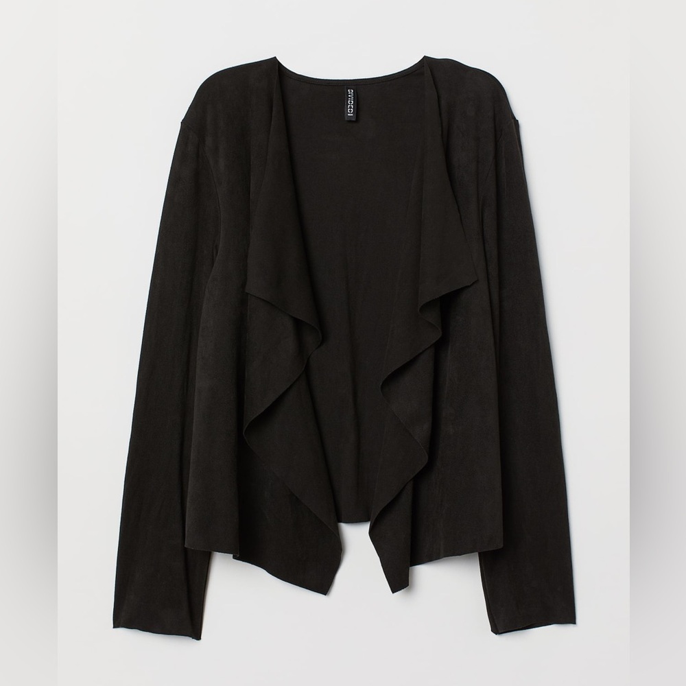 H&M 19” PTP Draped Imitation Suede Long-Sleeved Cardigan, Black, Size Medium.